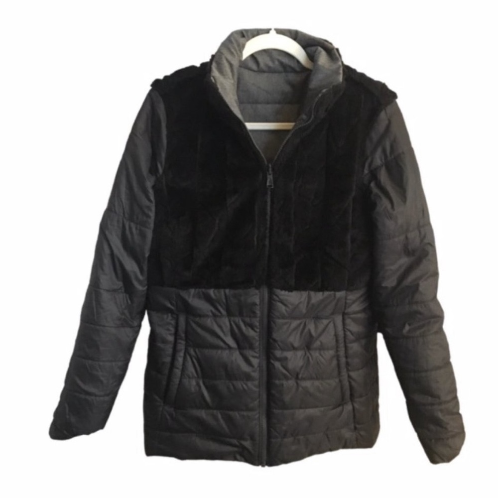 North Face Woman's Grey Black Reversible Puffer Coat Fur-Lined Jacket, Size XL